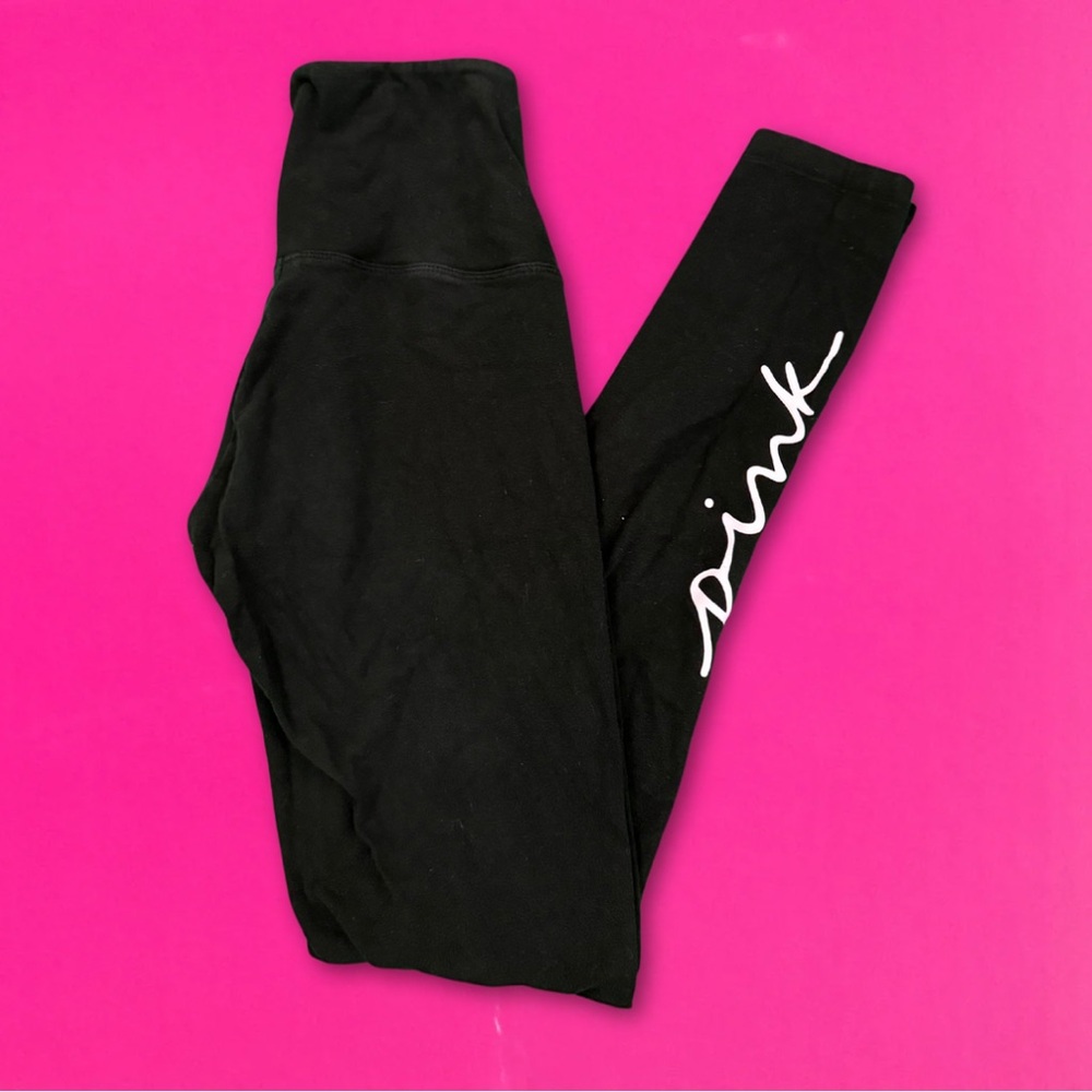 VS Pink Black Cursive Logo Leggings
